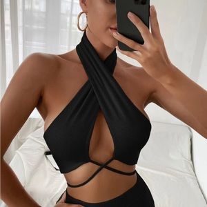 Black wrap front halter top